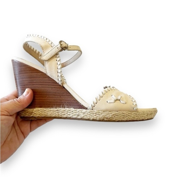 Jack Rogers Cream Leather Whipstitch Wedge Sandals Size 9 Vacation‎ Cruise Beach - Picture 1 of 6
